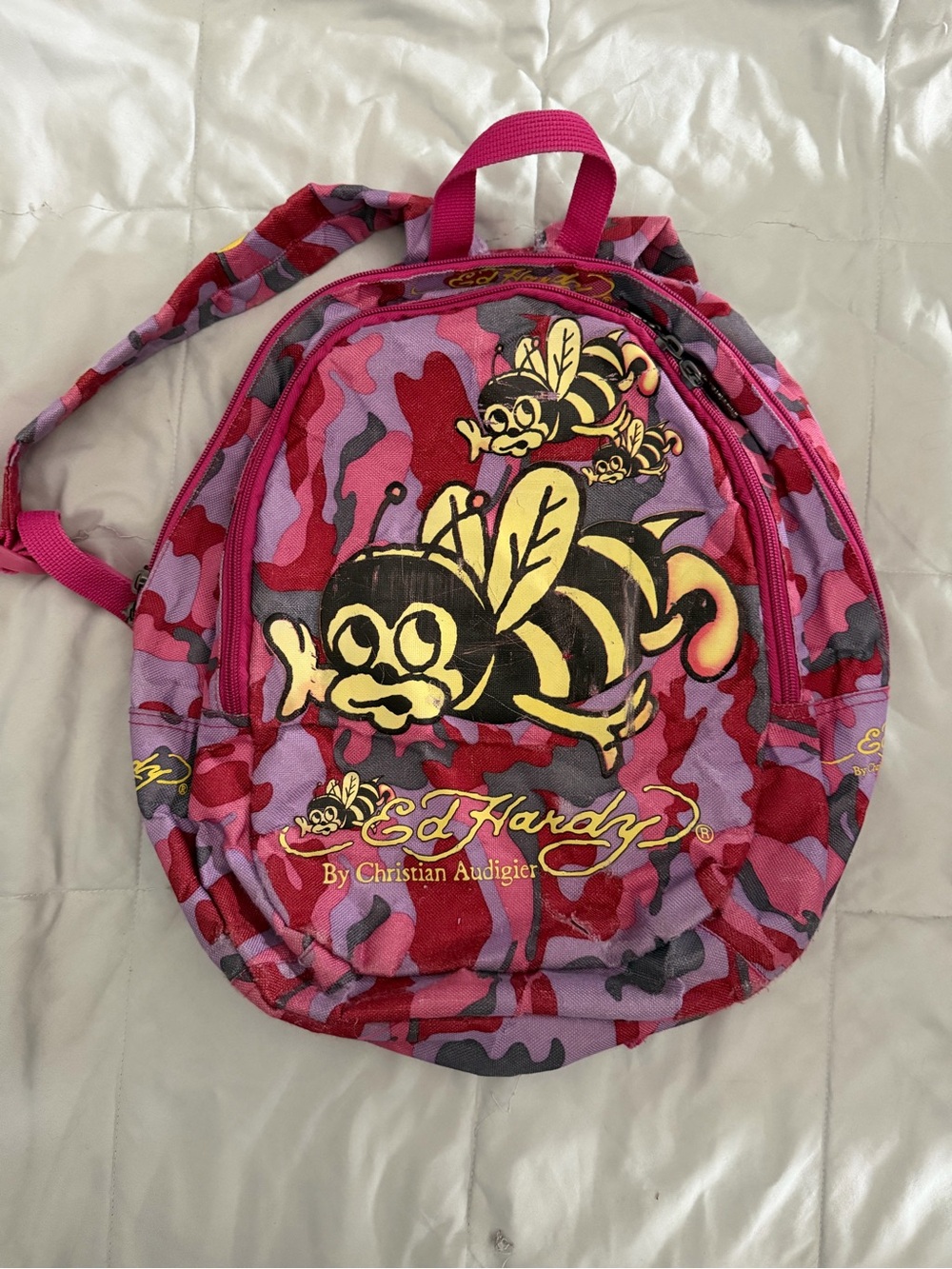 Vintage Ed Hardy Christian Audigier Pink Camo Bee Mini Backpack Y2K Kids Bag